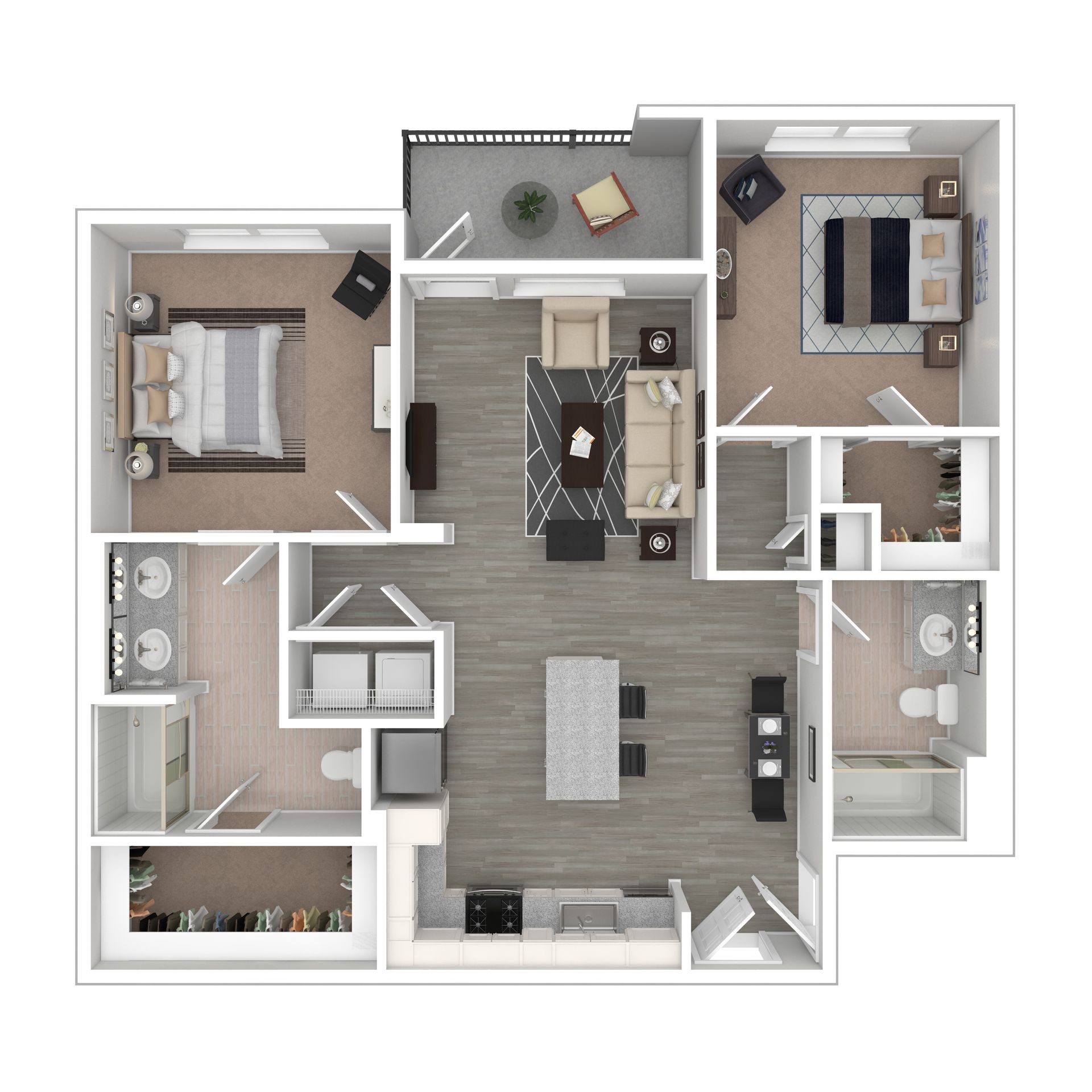 Floor plan of a two-bedroom apartment with living area, kitchen, balcony, and two bathrooms.