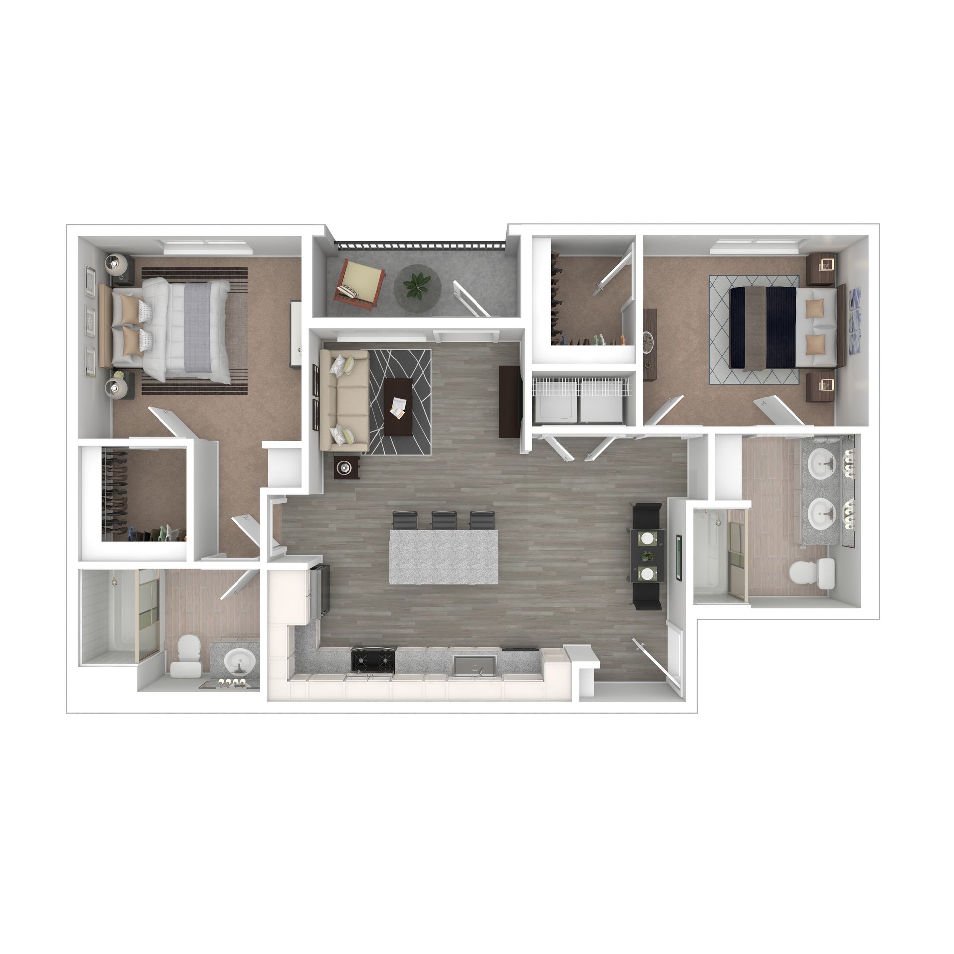 Floor plan of an apartment: bedroom, bathroom, kitchen, living area, and balcony.