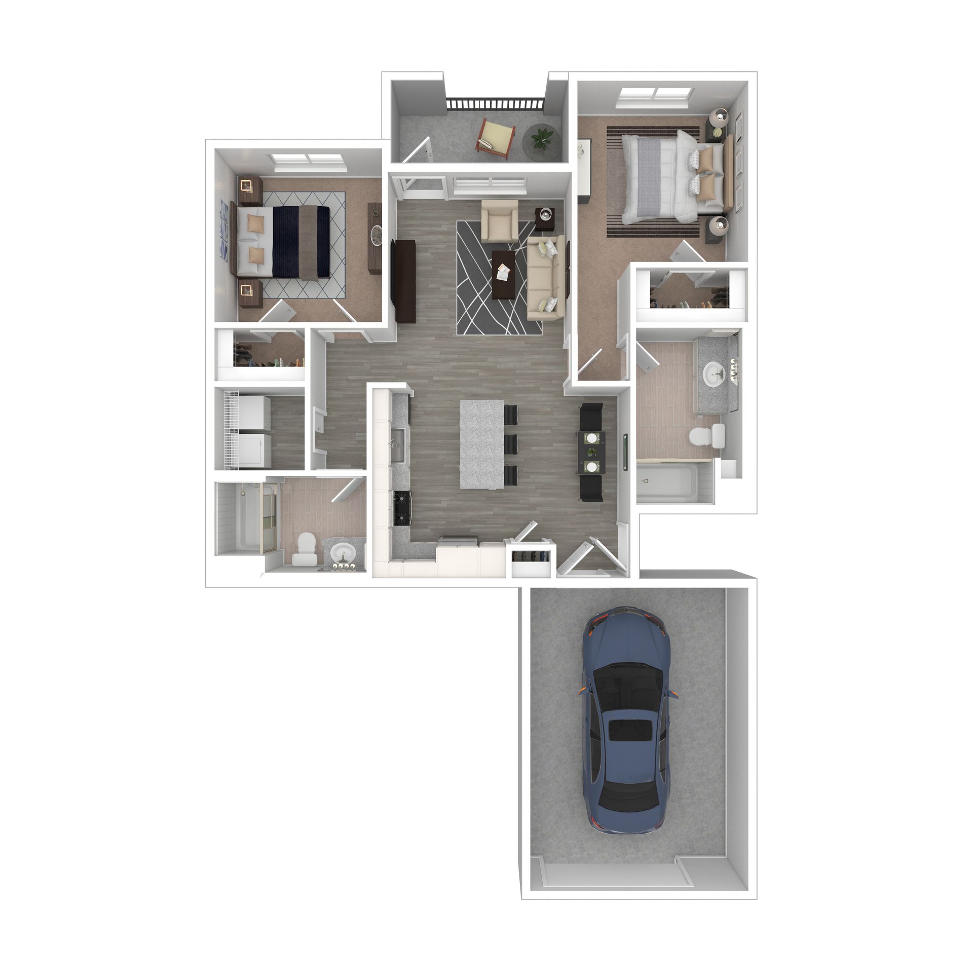 Floor plan of a two-bedroom apartment with living area, kitchen, balcony, and two bathrooms.