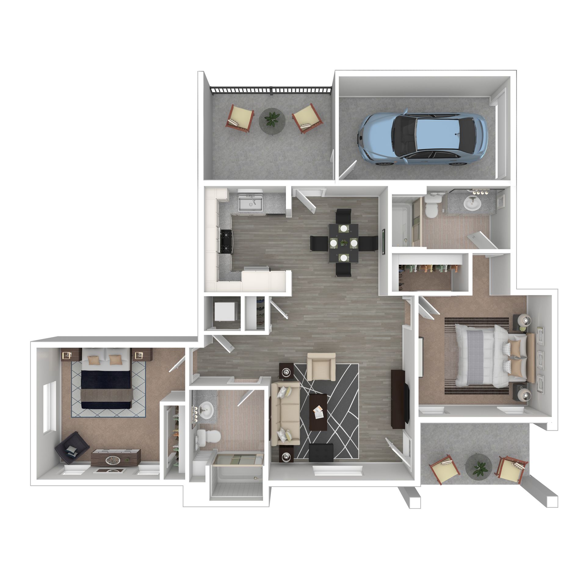 Floor plan of a modern apartment with two bedrooms, a kitchen, and living room.
