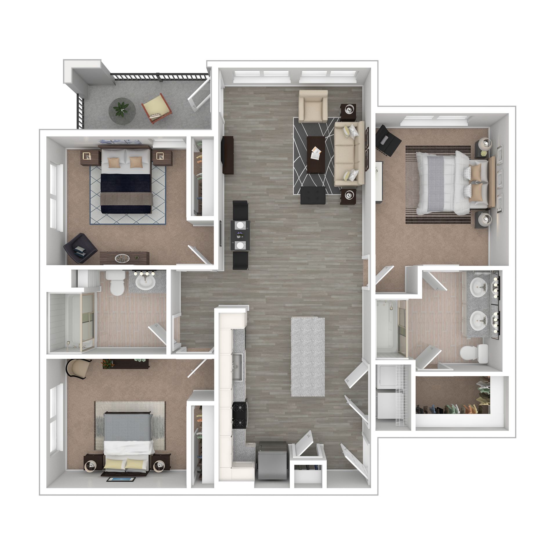 Floor plan of a modern apartment with two bedrooms, a kitchen, and living room.