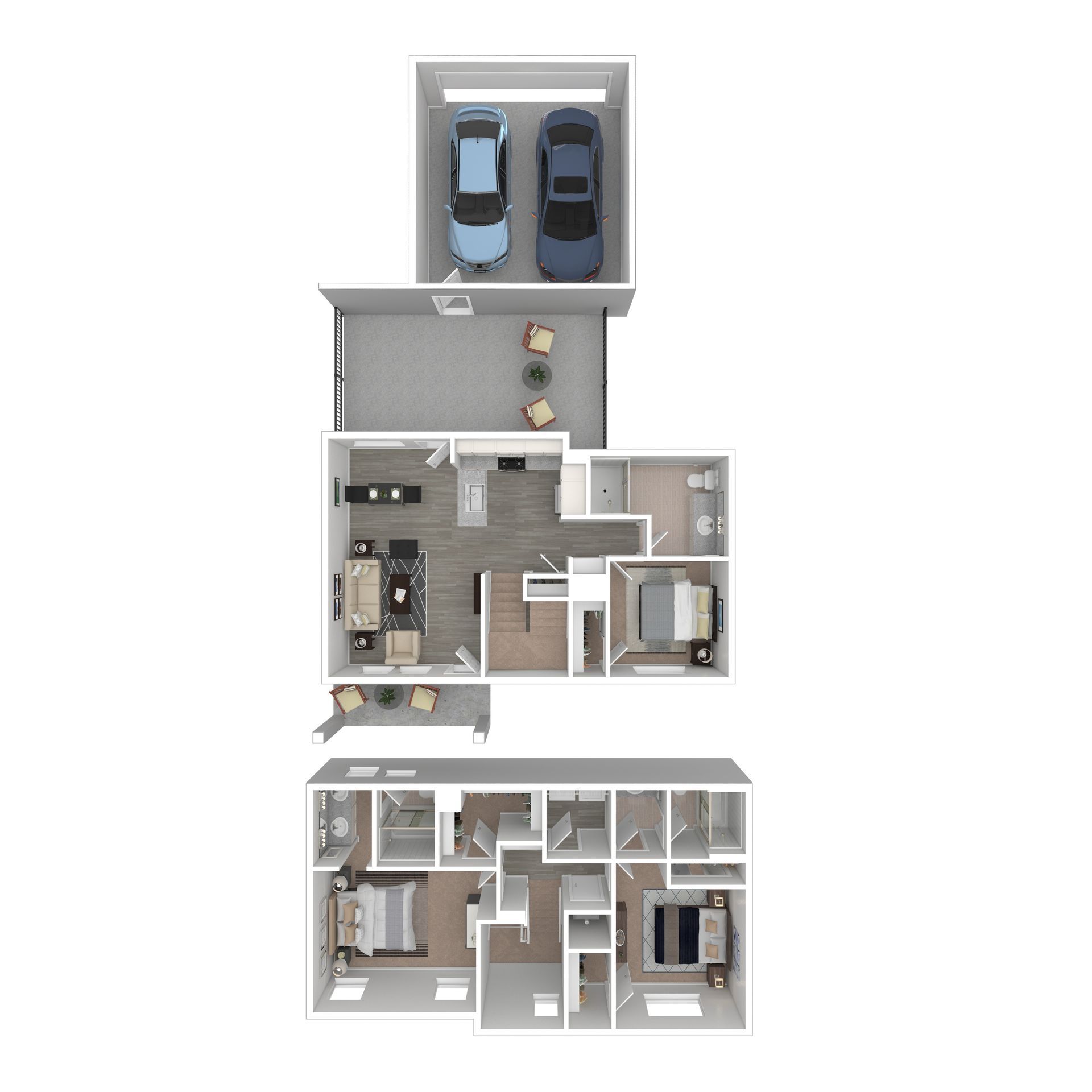 Floor plan of a multi-level home with bedrooms, bathrooms, garage, and living spaces.