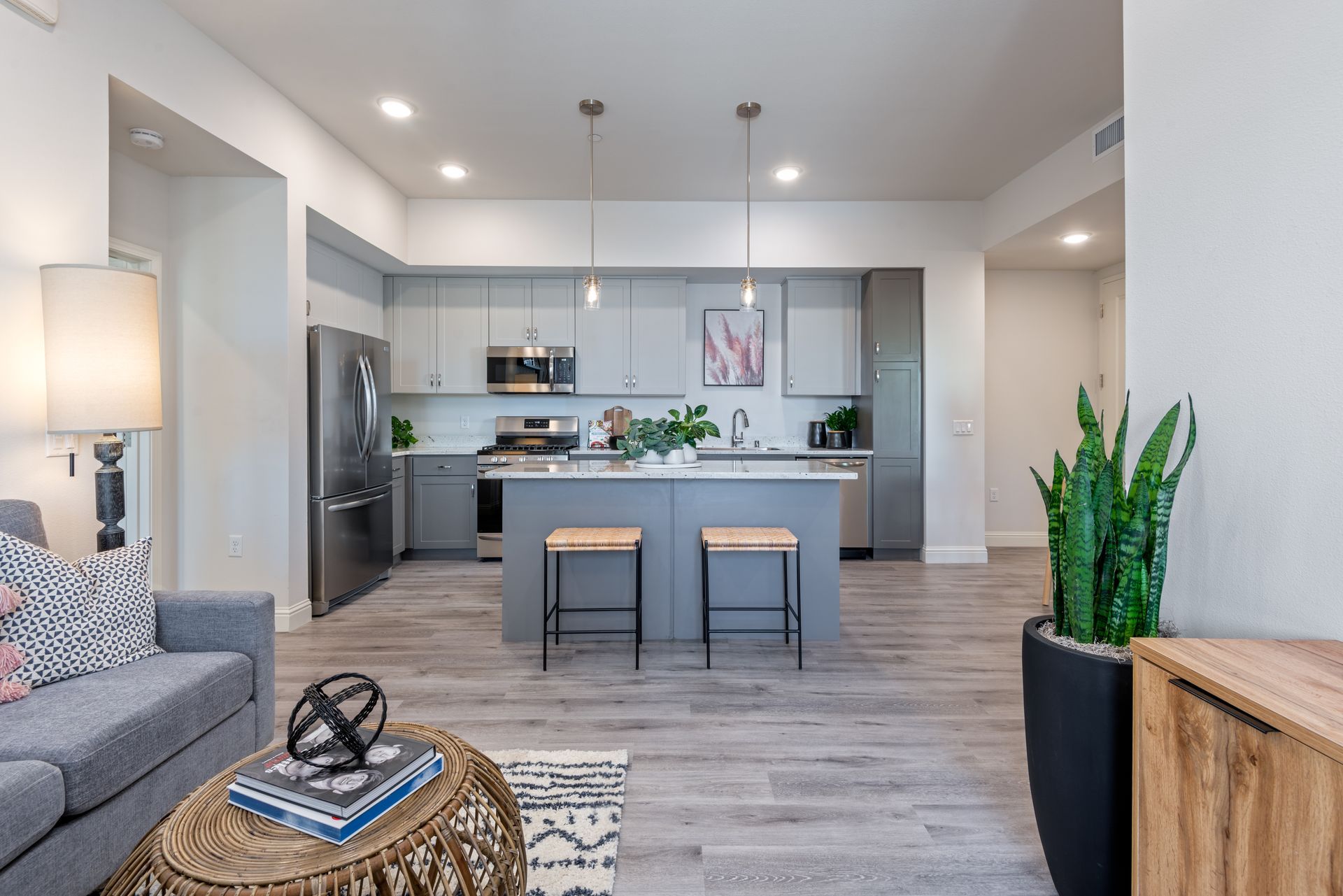 Modern kitchen and living room with gray cabinets, stainless steel appliances, and wooden floors.