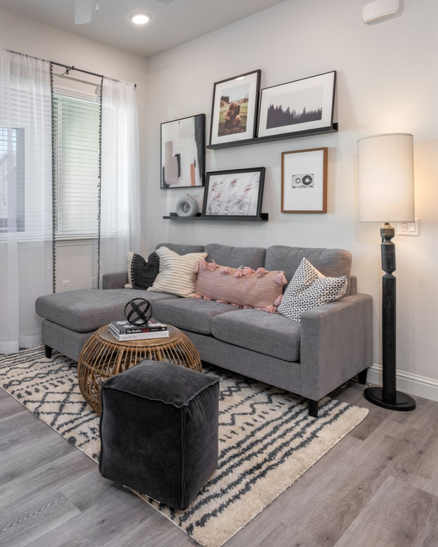 Gray sofa with pillows, art gallery, lamp, and patterned rug.