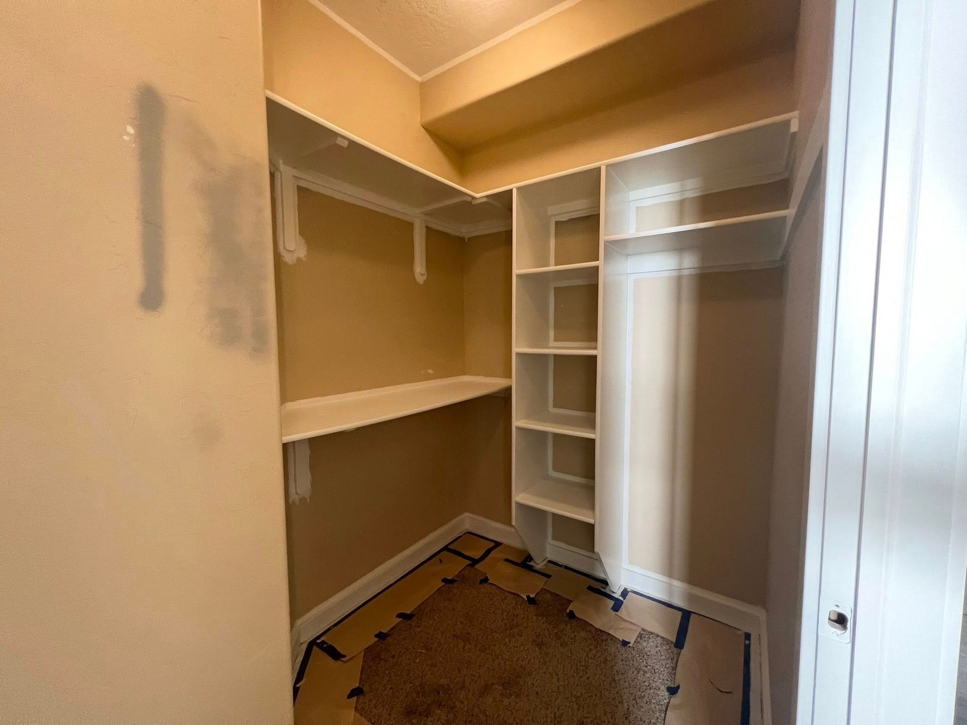 An empty walk in closet with shelves and a rug.