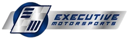 Logo for Executive Motorsports. Blue and silver design with stylized text on a silver background.