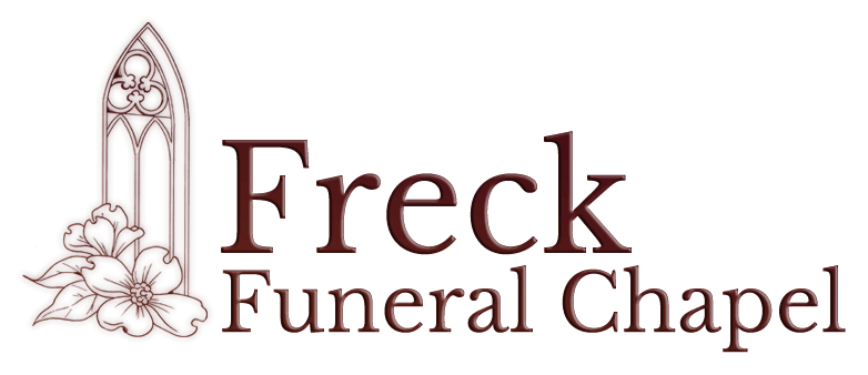 A logo for a funeral chapel with a stained glass window and flowers.