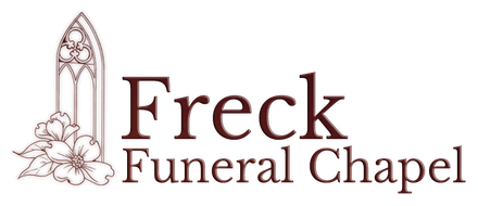 A logo for a funeral chapel with a stained glass window and flowers.