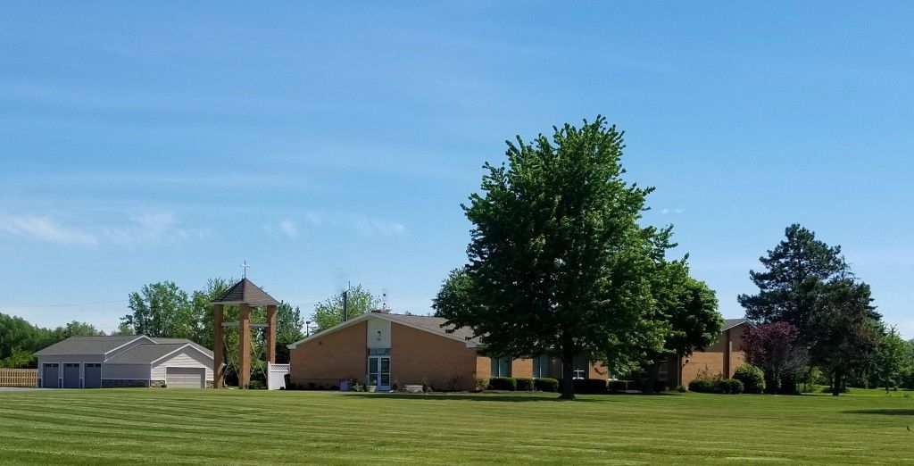 A large grassy field with houses and trees in the background