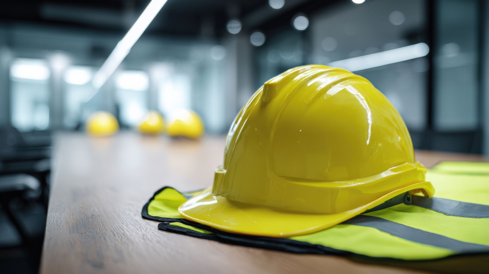 Safety helmets and vest on meeting table.