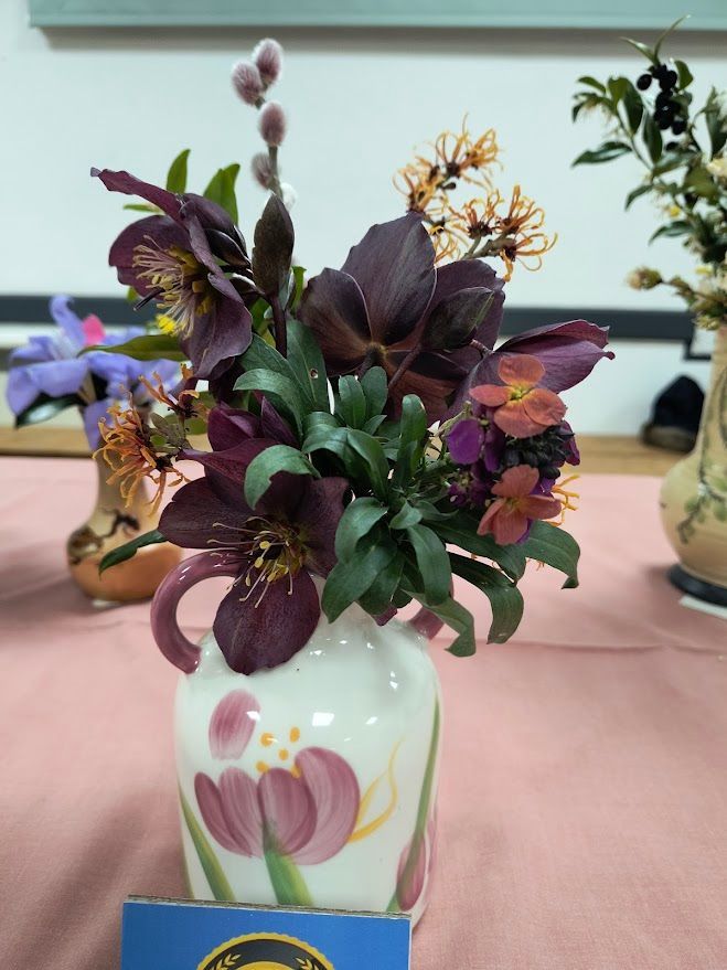 Photo show purple hellebore, yellow witch hazel, catkins and unidentified blue and yellow flowers in a cream vase with purple flower decoration.  First prize winner Dee R