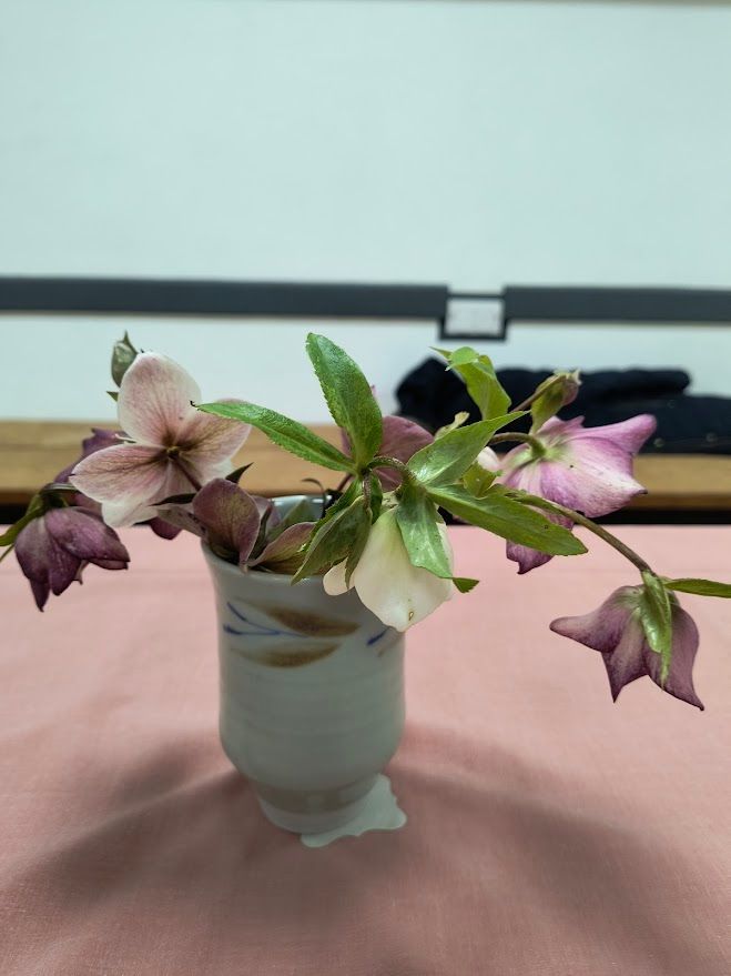 Photo shows pink hellebores in cream vase with leaf decoration