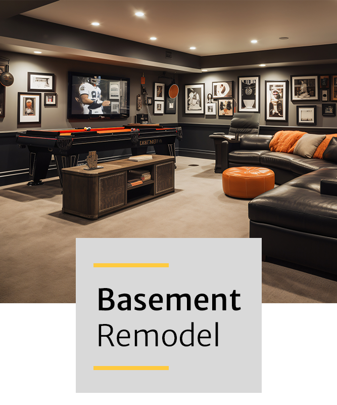 A basement remodel with a couch , pool table , and television.