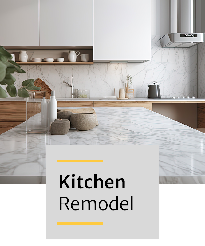 A kitchen with a marble counter top and white cabinets.