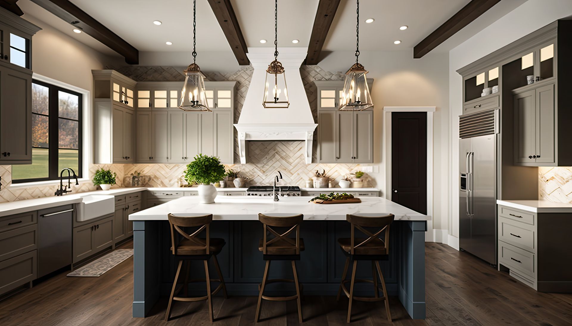 A kitchen with a large island and stools in it.