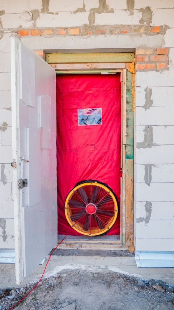 Door frame with a red seal and fan for testing air leakage in a building.