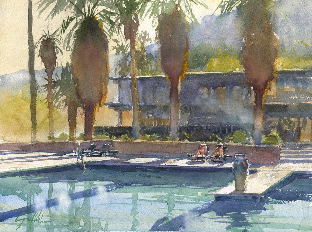 A watercolor painting of a swimming pool with palm trees in the background