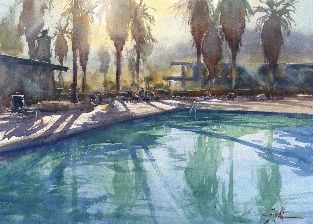 A watercolor painting of a swimming pool with palm trees in the background.