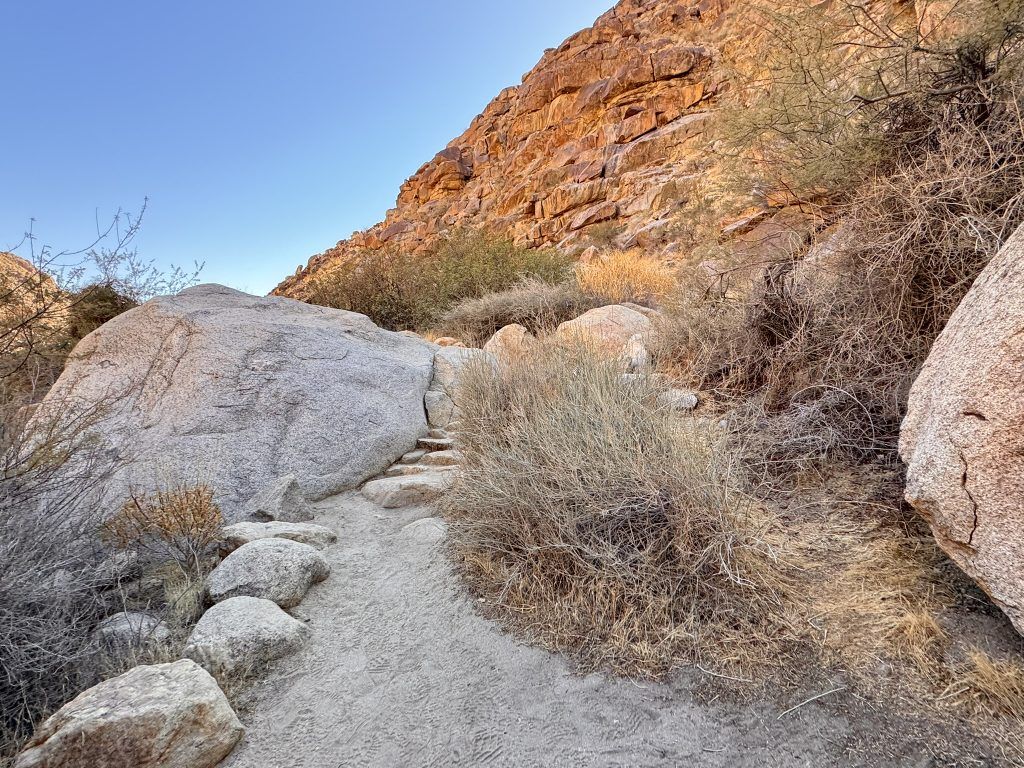 A dirt path going up a mountain surrounded by rocks and bushes.