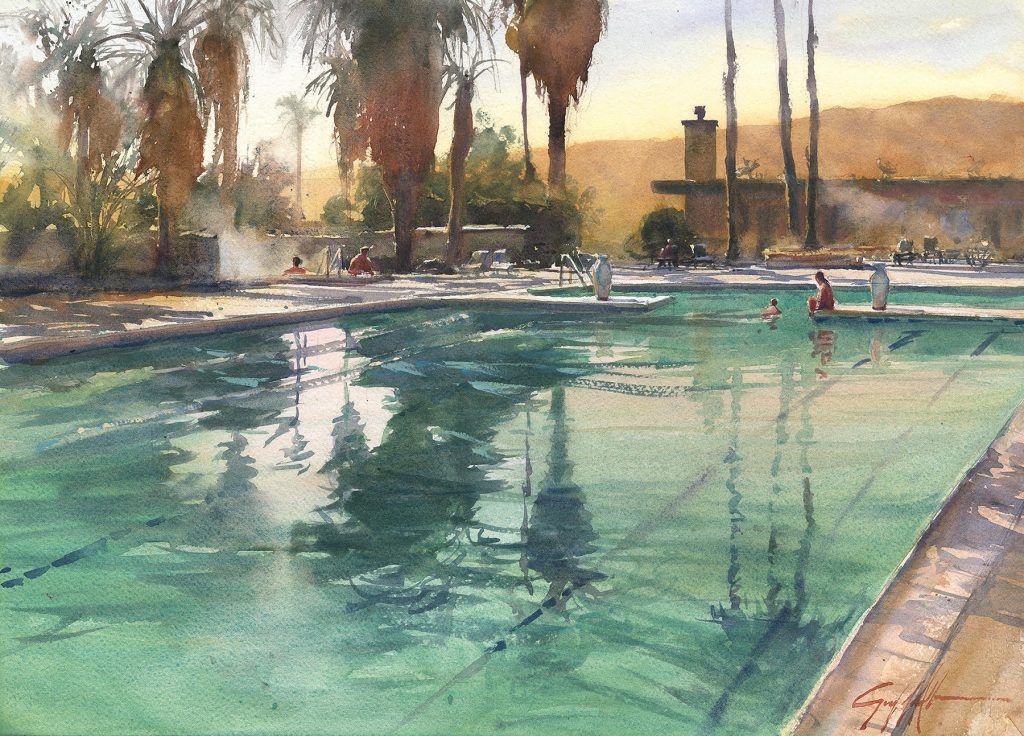 A painting of a swimming pool with palm trees in the background