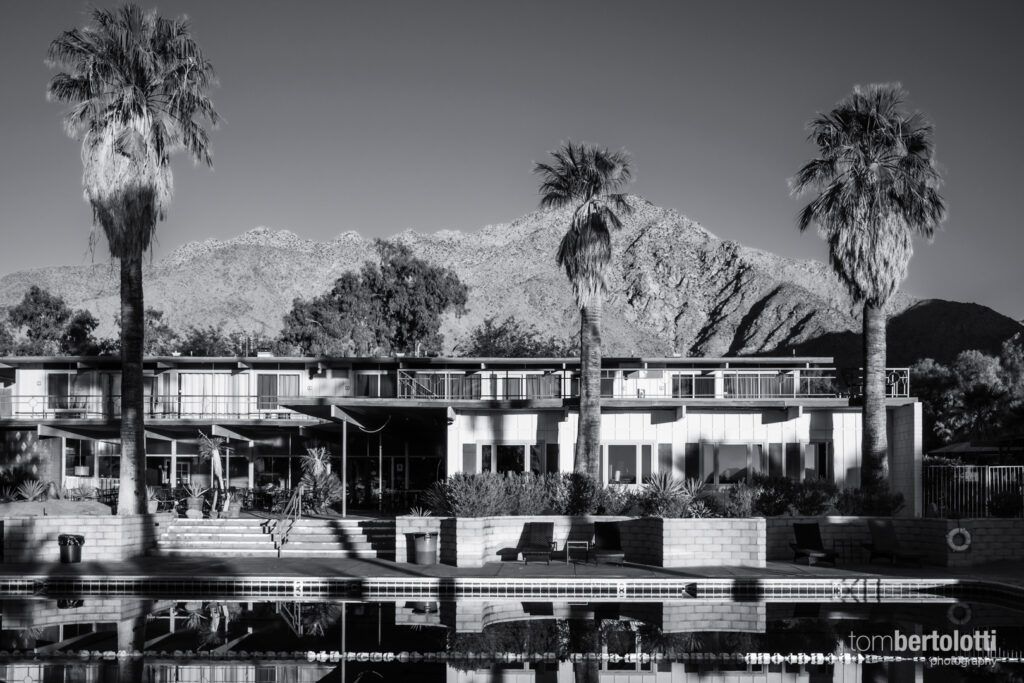 A black and white photo of a house with palm trees and mountains in the background.