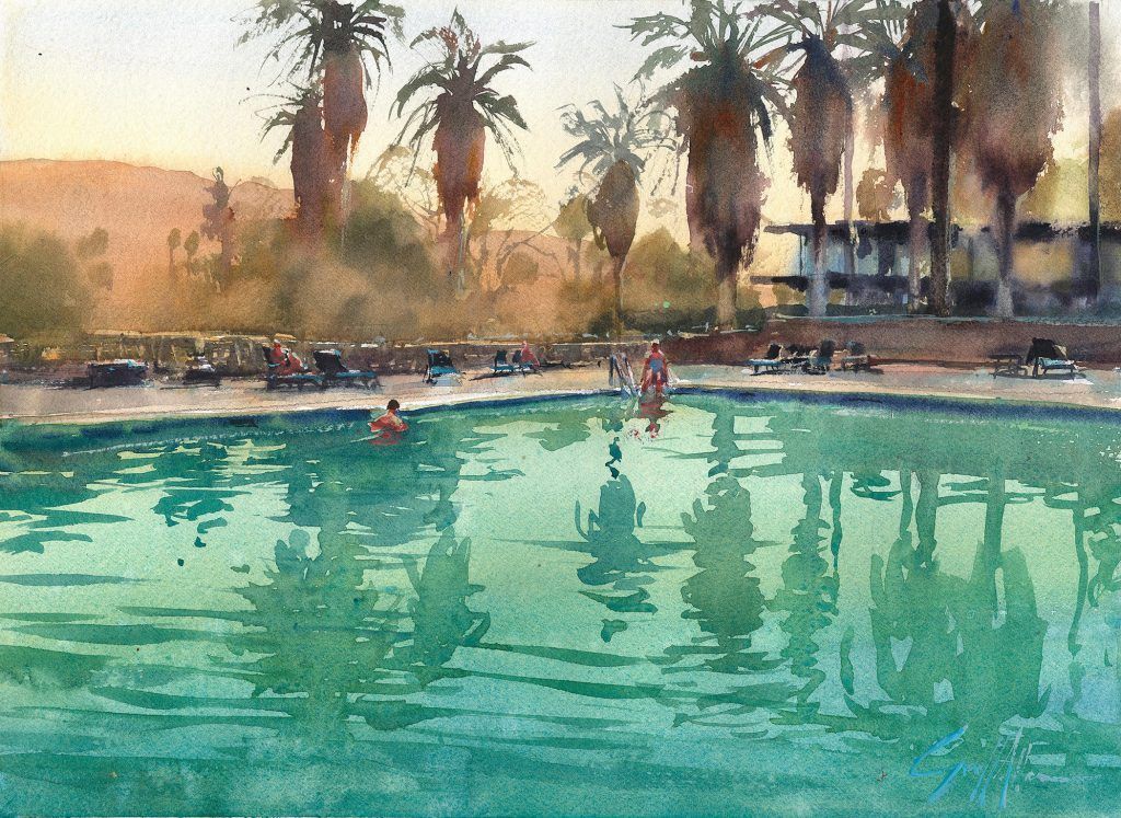 A painting of a swimming pool with palm trees in the background