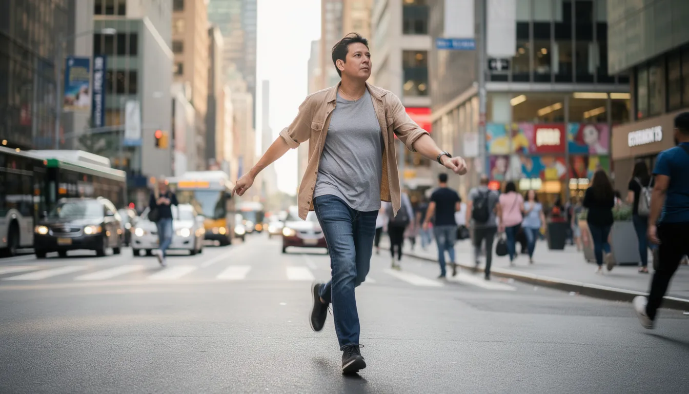 A person is walking energetically through a busy city street during the daytime, surrounded by tall buildings and bustling crowds, embodying the vibrant energy of urban life. This scene captures the essence of overall wellness and vitality, often enhanced by practices like IV therapy, which can support energy levels and boost immune function.