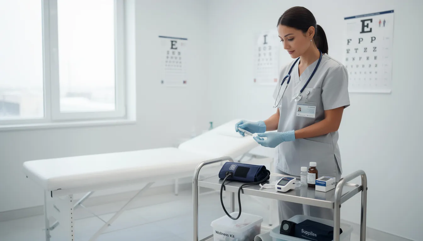 A medical professional is seen in a clean clinical environment, meticulously preparing wellness equipment for IV therapy sessions. The setup includes IV bags and essential nutrients aimed at boosting energy levels and supporting overall wellness.
