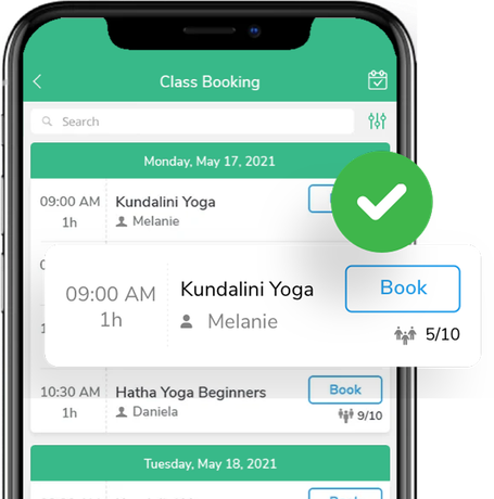 A phone with a class booking app open on it