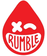 A red rumble logo with a smiley face on it