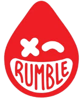 A red rumble logo with a smiley face on it