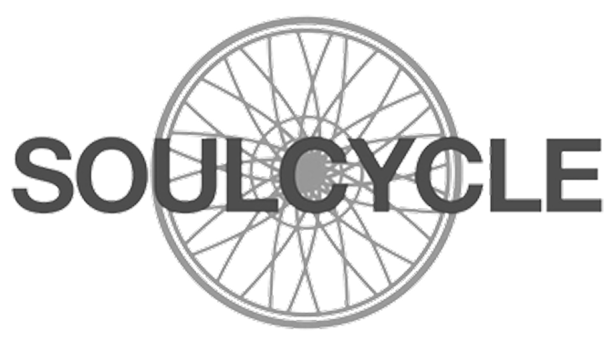 A black and white logo for soul cycle with a bicycle wheel in the center.
