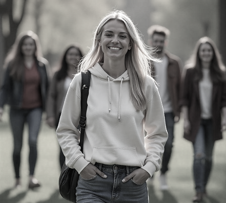 A woman in a white hoodie is walking with a group of people.
