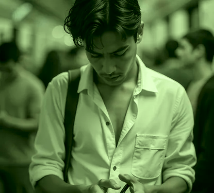 A man in a white shirt is looking down at his cell phone.