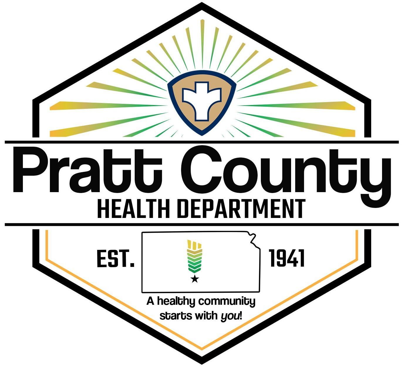 The logo for pratt county health department is a shield with a cross on it.