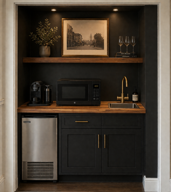 Compact black wet bar with mini fridge, microwave, sink, coffee maker, and framed art in a recessed alcove