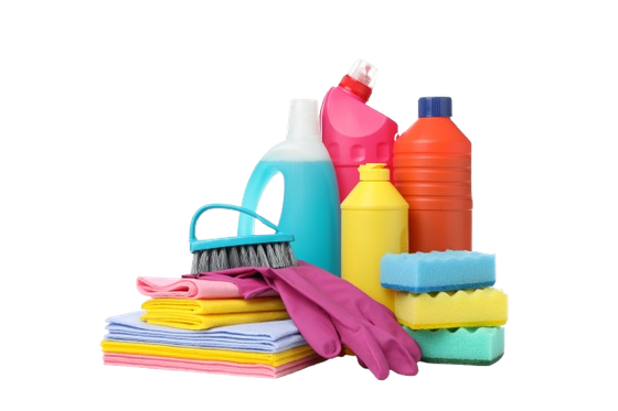 A bunch of cleaning supplies are stacked on top of each other on a white background.