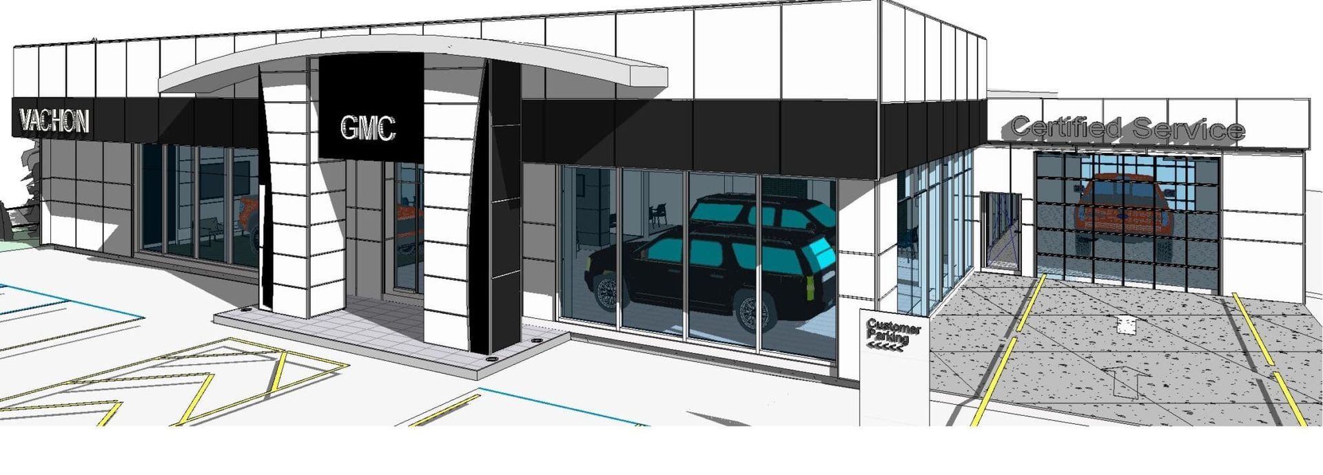 Modern GMC and Cadillac dealership exterior with glass windows and a car on display.