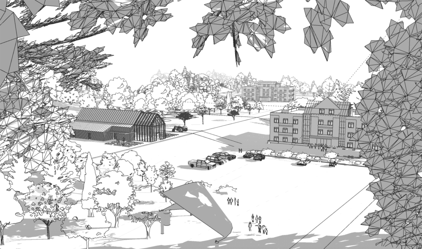 View of a building complex with a glass-roofed structure, trees, and a parking area, rendered in grayscale.