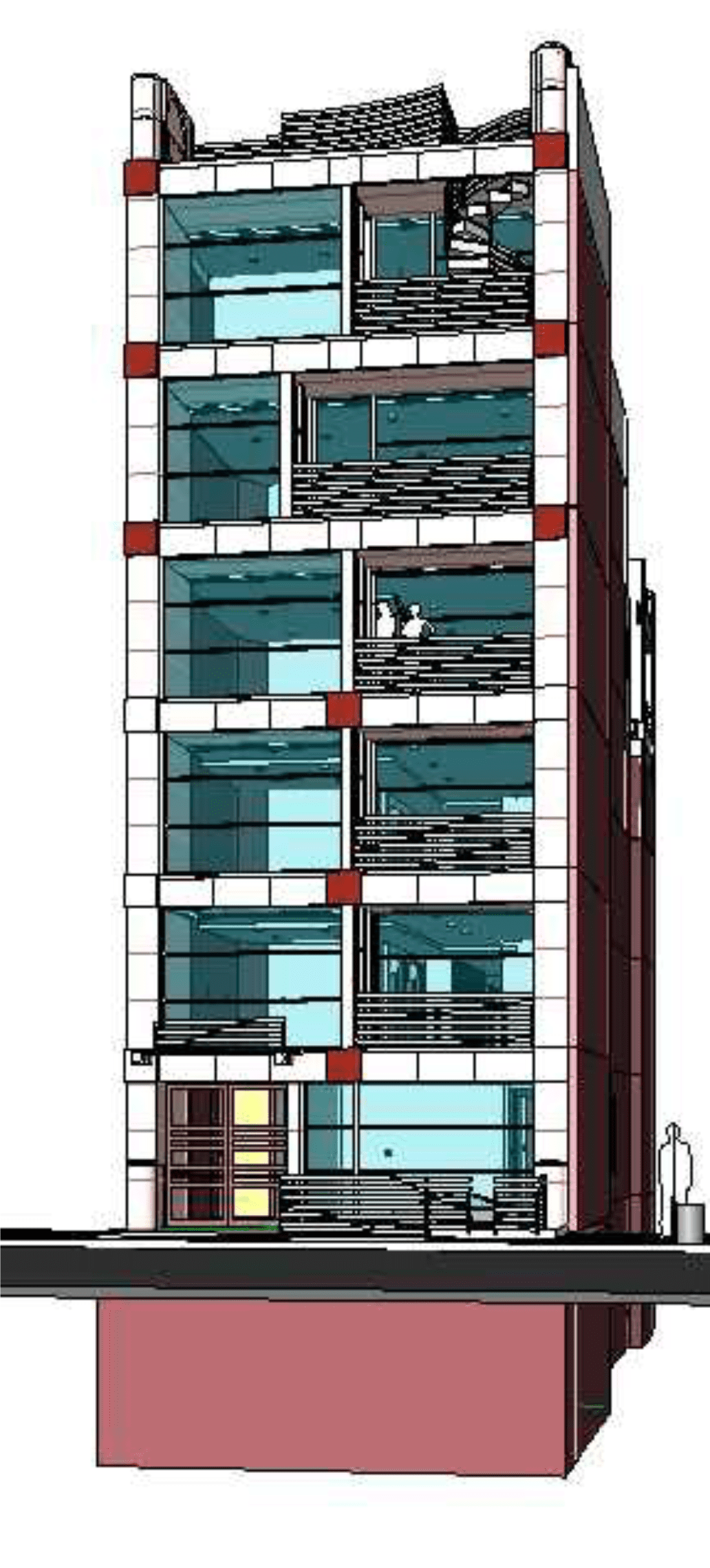 A tall multi-story building with glass windows, a red exterior, and a red base.