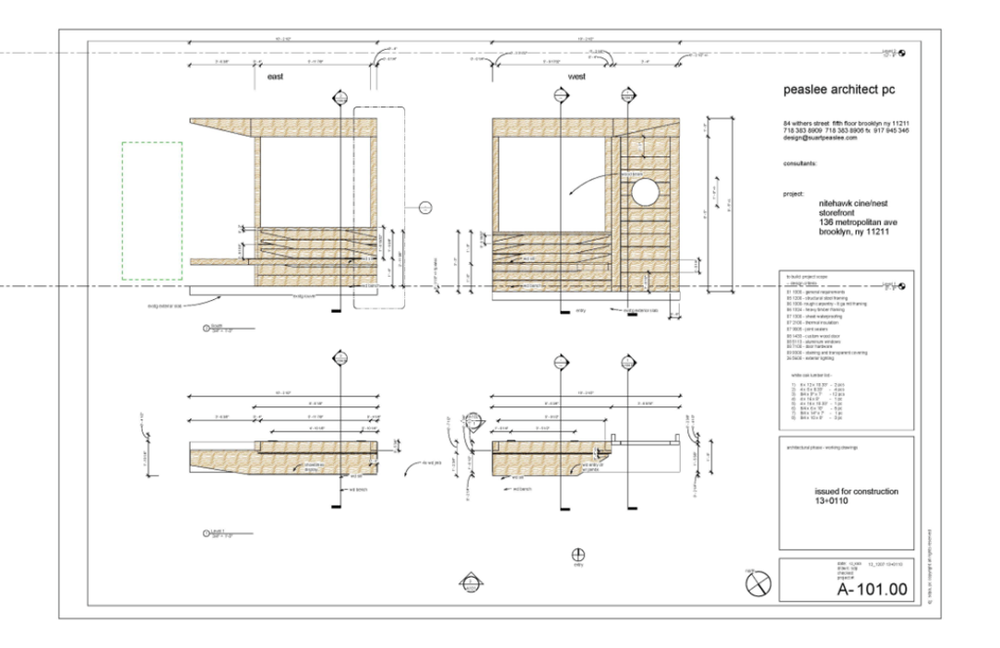 Architectural drawings of a wooden structure, including plan, front, and side views with dimensions and notations.