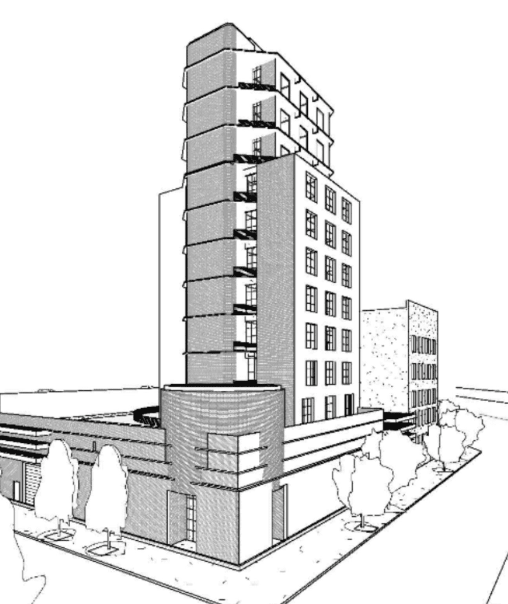 Black and white line drawing of a multi-story building with a brick facade and balconies.