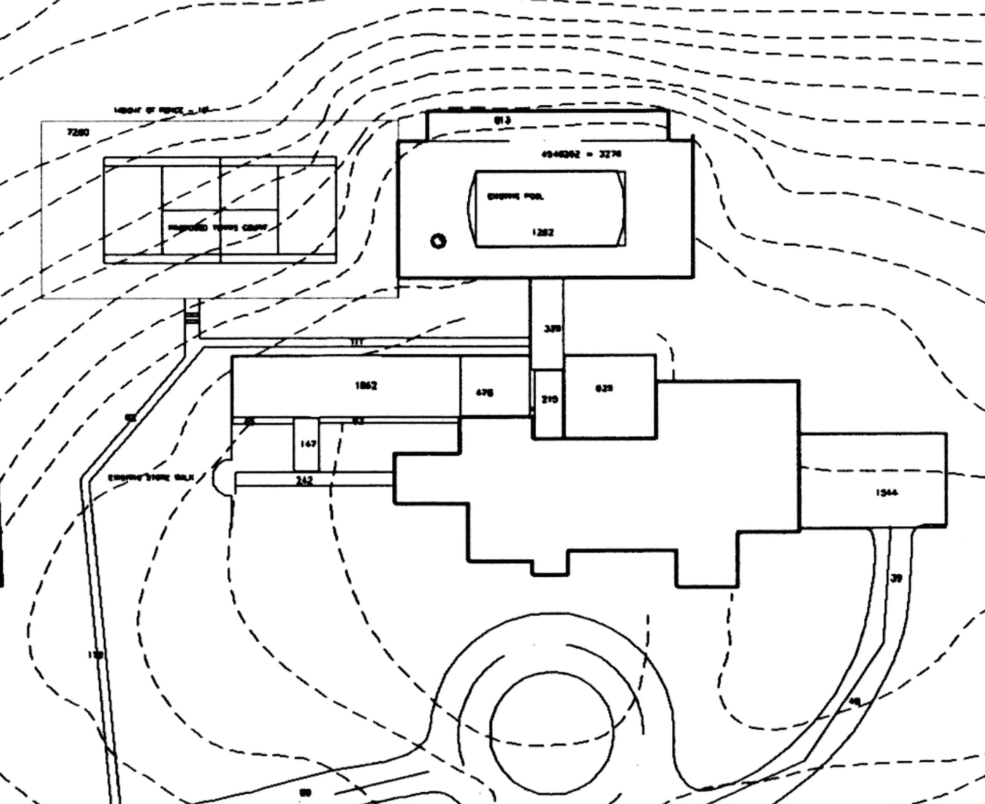 Topographical site plan: house, pool, tennis court, surrounded by contour lines indicating elevation changes.
