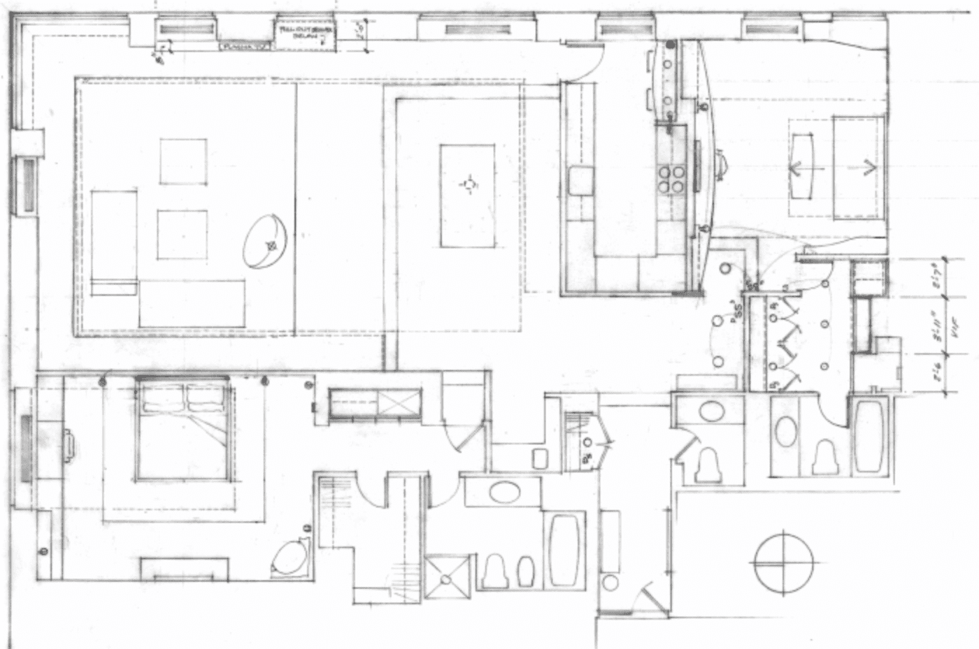 Floor plan of an apartment, showing rooms, furniture, and fixtures.