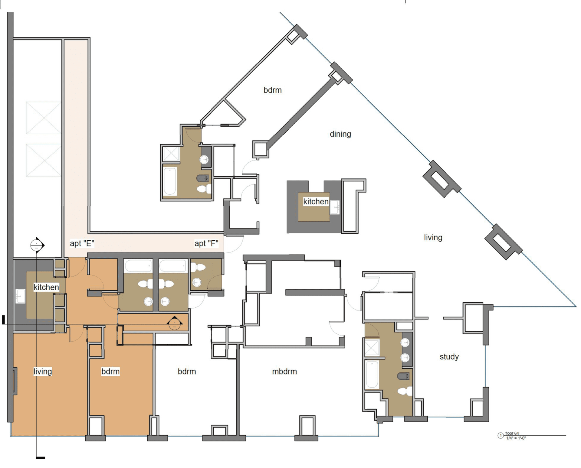 Floor plan of an apartment, showing rooms and layout. Sections are colored, including entry and bedrooms in tan.