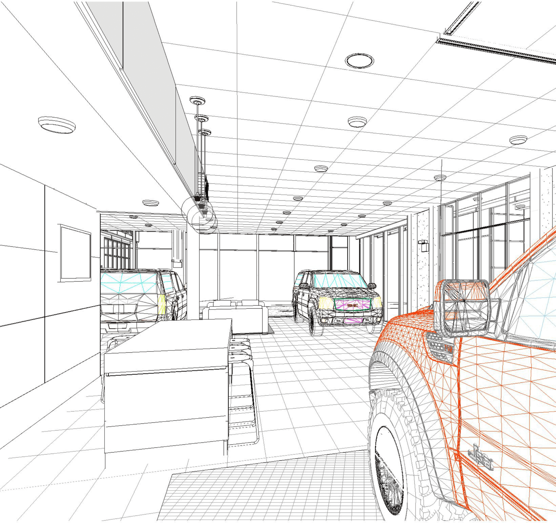 Sketch of a car showroom interior with several cars on display.