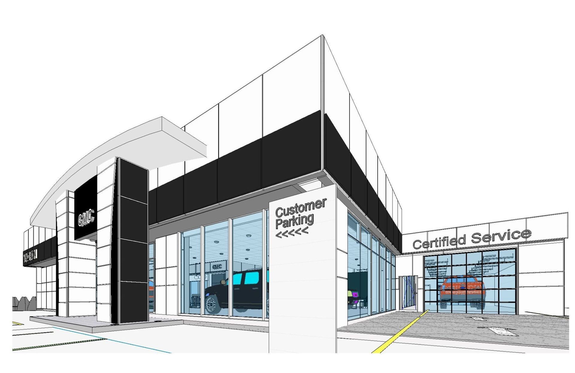 Modern car dealership building with glass windows, Customer Parking, and a service entrance.