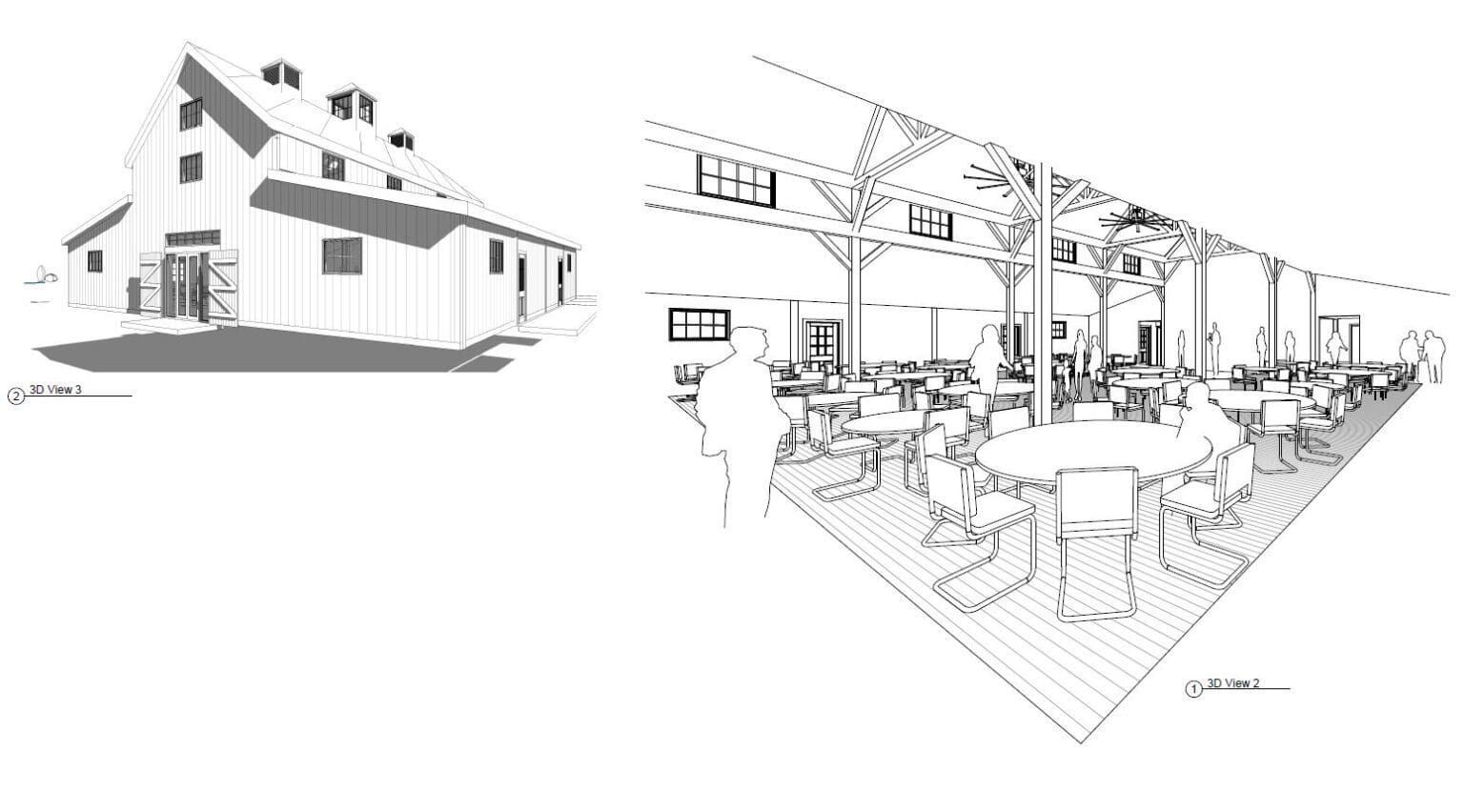 Exterior and interior architectural renderings of a barn.