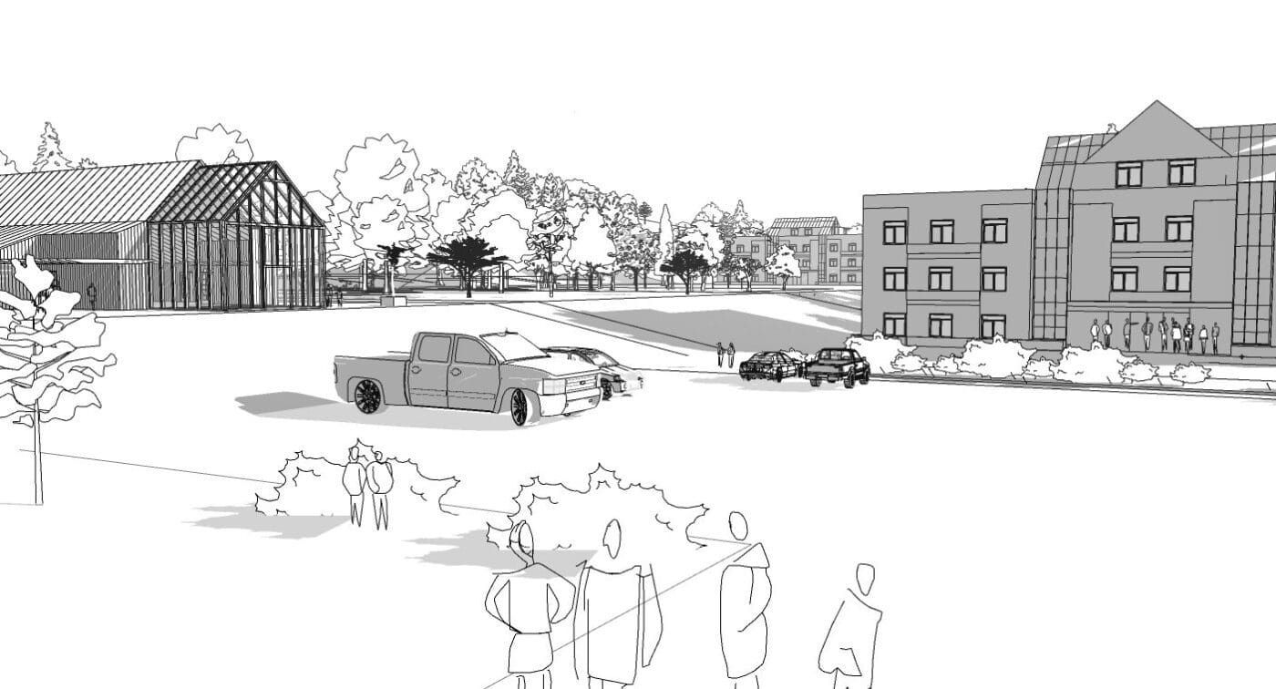 Drawing of a large field with buildings and trees. Two cars parked, people in the foreground.