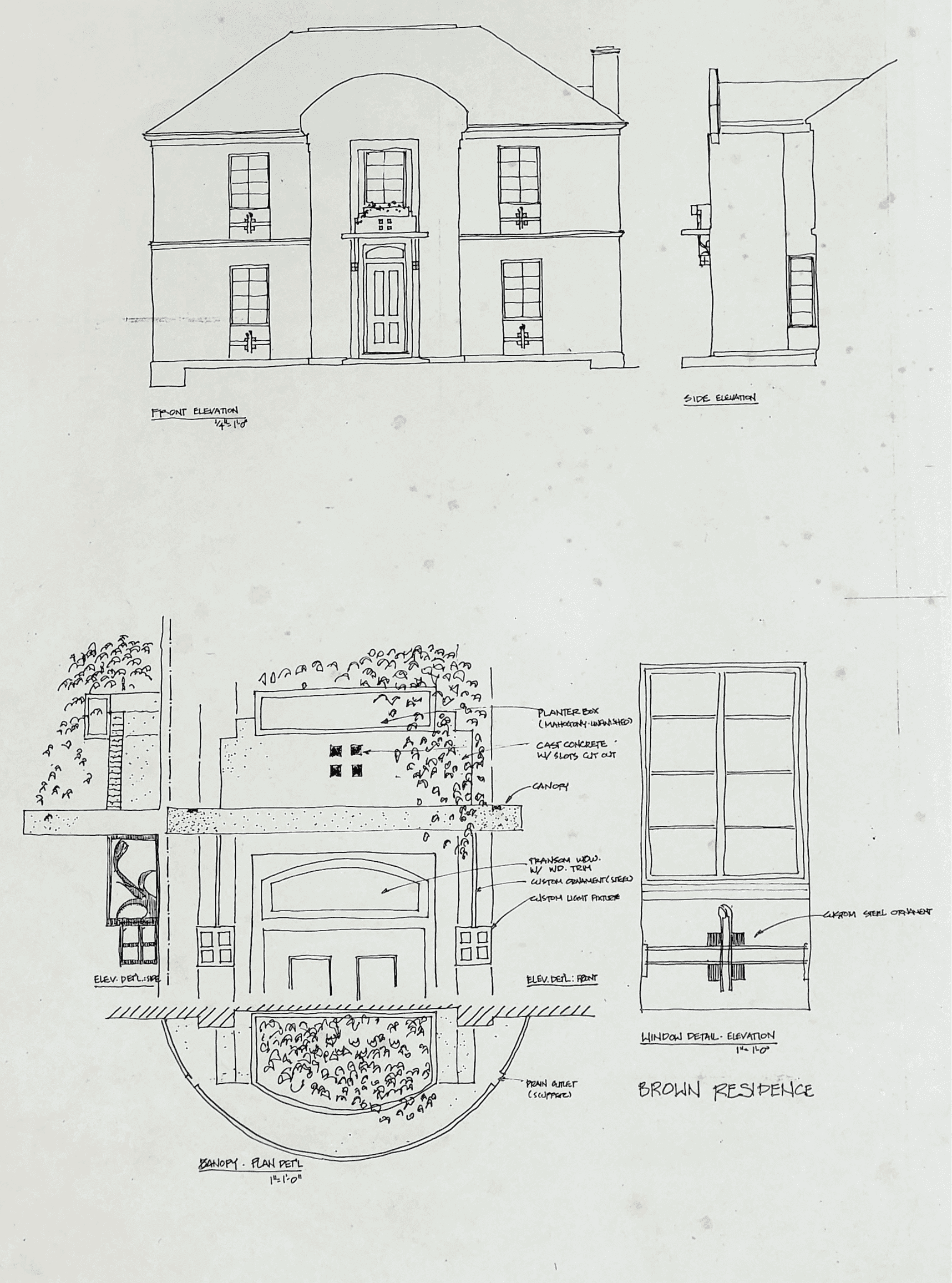 Architectural drawings of a two-story building with a landscaped yard and a simple facade.